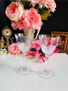 J.G. Durand Frosted Rose Petal Crystal Wine Glasses (Set of 2)